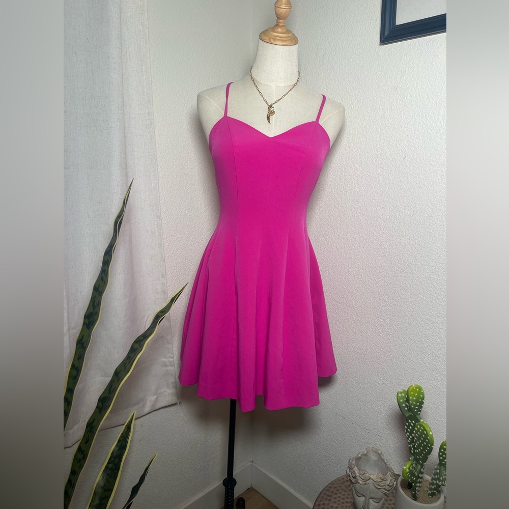 💕 Bebe Hot Pink Fit & Flare Dress Spaghetti Strap Mini Size 6 Small